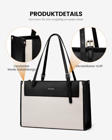 LOVEVOOK Сумка для ноутбука, жіноча велика водонепроникна сумка-шоппер з PU шкіри, для роботи, навчання, 15.6 дюймів (Чорний+бежевий)