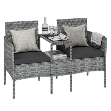 Садова лавка STEELSØN Velara з інтегрованим столиком - ротангова лавка для 2 осіб з подушками, вуличні меблі, стійкі до погодних умов, для тераси та балкона (сіро-меланжевий)