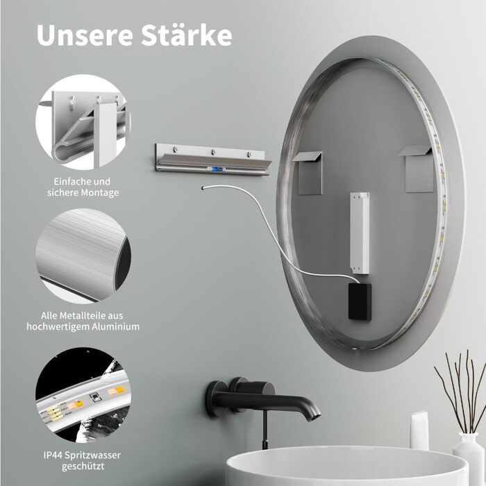 Дзеркало для ванної кімнати HOKO Design Riga, кругле, 60 см, з металевим каркасом, LED-підсвічування, сенсорне управління, регулювання кольору світла (80x80 см, срібло)