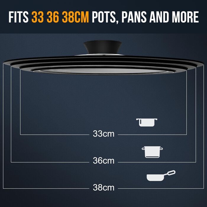 Універсальна скляна кришка для каструль та сковорід Walfos (33, 36, 38 см) з силіконовим обідком, термостійка, чорна