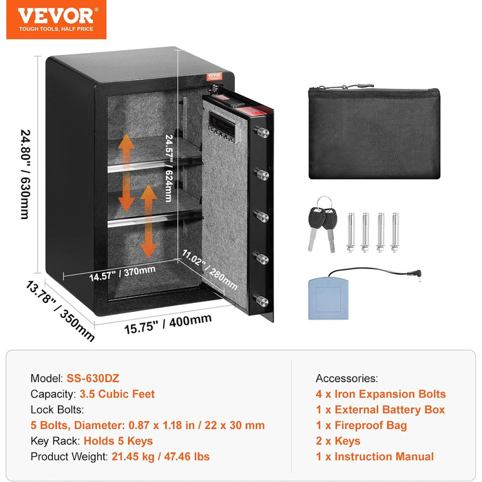Сейф VEVOR з вогнестійким кишеням для грошей, одностулковий сейф об'ємом 3,5 кубічних футів, 2 перегородки, цифровий сейф для меблів з ключем/кодом, скринька для цінностей (гроші, ювелірні вироби, ліки), сейф для грошей чорного кольору, 1 дверцята