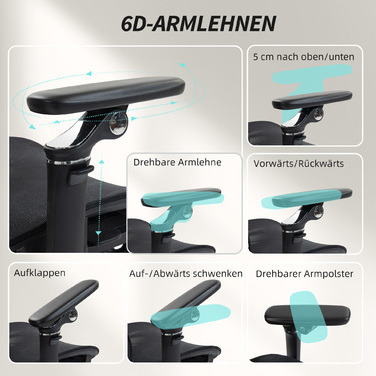 Ергономічне офісне крісло з регульованою поперековою та підголовною підтримкою, 6D-підлокітники, підставка для ніг, сітка, чорний колір