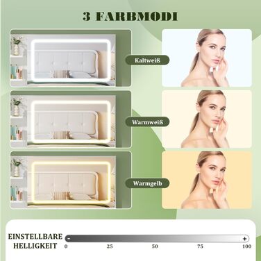 Дзеркальний столик для макіяжу Devoko з LED-підсвічуванням та пуфом, кутовий туалетний столик з розеткою, 5 ящиків, відкриті полиці, тримач для фену, для спальні (білий)