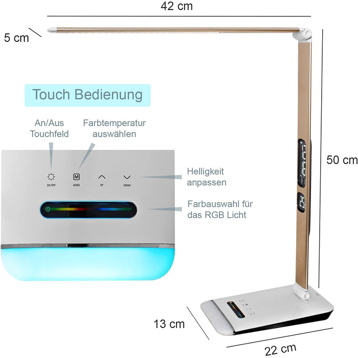 Світлодіодна настільна лампа Eaxus, зміна кольору RGB, затемнення, сенсорний, годинник, календар, температура, мідь