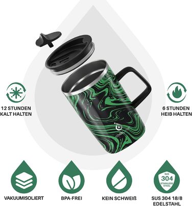 Кружка для кави та чаю Ideus® 470 мл (16 oz) з подвійними стінками, з нержавіючої сталі, з нековзним ручним тримачем та кришкою-відкидним модулем, великий об'єм (Червоний Зебра) (Зелений Зебра)