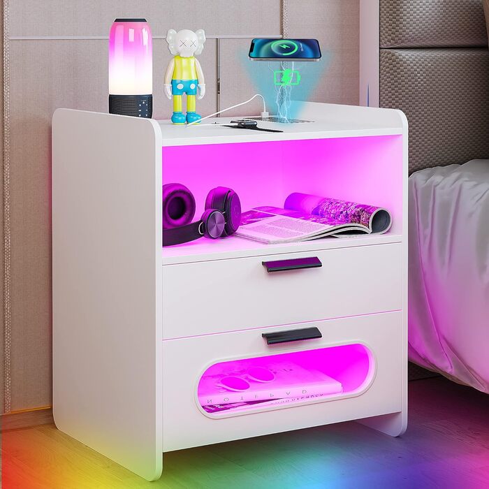 LED тумба Gurexl, комплект 2 шт., з USB Type-C зарядкою, 24-рівневе димування, сенсор, 2 шухляди, глянцева, для спальні, біла