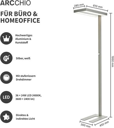 Світлодіодний офісний торшер Arcchio з регулюванням яскравості, Uplight & Downlight, 6000 лм, 4000K, срібло