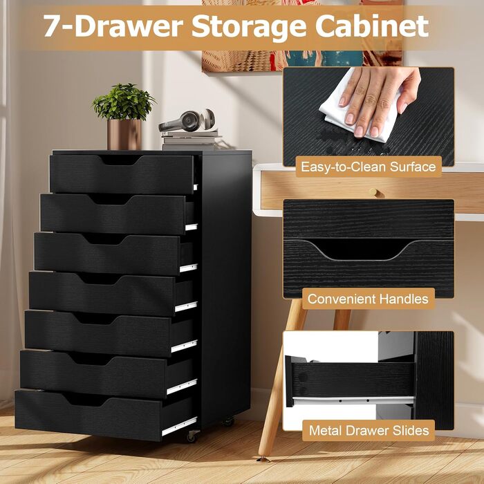 Мобільний рол контейнер KOMFOTTEU з шухлядами, чорний офісний шафчик для документів та файлів