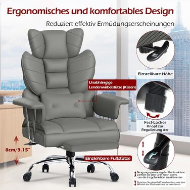 Офісний крісло NaspaLuro з підставкою для ніг, ергономічне, з підтримкою попереку, з високою спинкою, для дому та офісу, сірий, 77x66x134 см