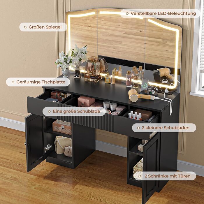 Великий туалетний столик AOGLLATI з великим дзеркалом та регульованою LED-підсвіткою. Косметичний столик з розетками, 3 висувними ящиками та 2 шафками. Сучасний туалетний столик для спальні (білий/чорний)
