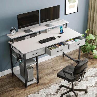 Комп'ютерний стіл Rolanstar з ящиками, розетками та LED підсвіткою, геймінговий стіл з підставкою для монітора, полиця та 2 гачки, для офісу та вітальні (білий, 100x47x90,5 см)