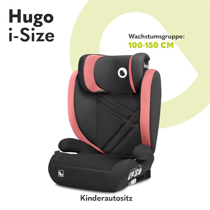 Дитяче автокрісло LIONELO HUGO I-SIZE, група 2 3, від 100-150 см, установка ISOFIX, регульований підголівник, піна з ефектом пам'яті, бічний захист, зручні підлокітники (рожеві)