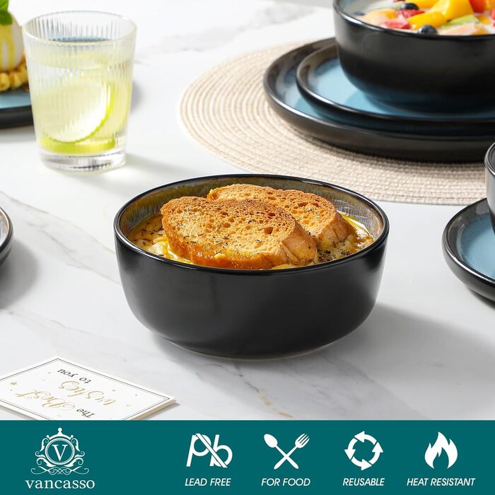 Набір посуду Steingut vancasso AMBER на 6 осіб (24 шт.) - тарілки, супові тарілки, десертні тарілки, миски, реактивна глазур, блакитний колір, придатний для миття в посудомийній машині