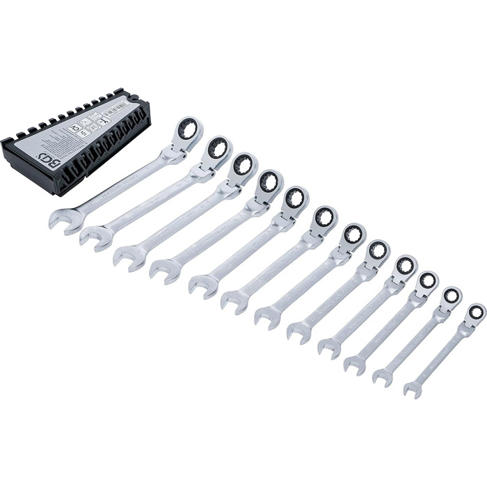 Набір ріжково-накидних ключів з храповиком SW 8-19 мм 12 предметів (Набір ріжково-накидних ключів з храповиком кутовий SW 8 - 19 мм), 6544