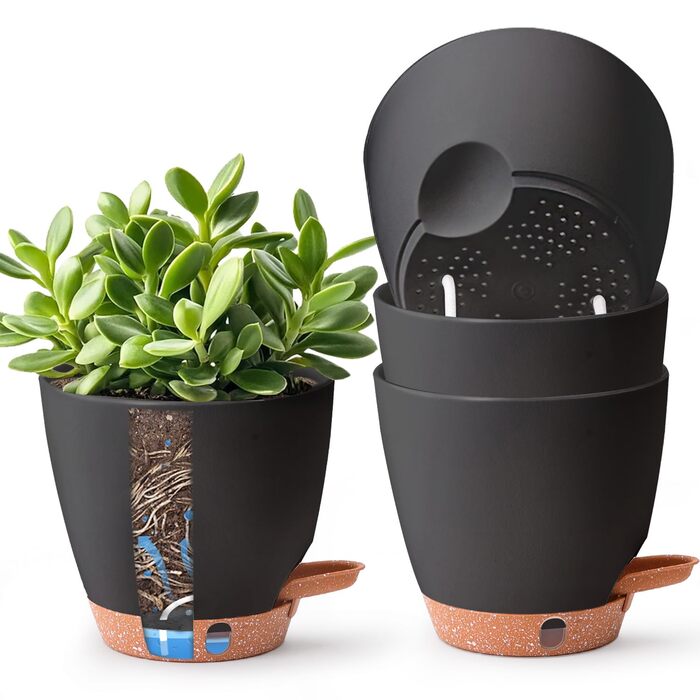 Набір 4 самополивні горщики T4U 15 см з індикатором рівня води, для дому та саду, чорний