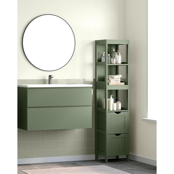 Шафа для ванної кімнати VASAGLE з 2 висувними ящиками та відкритими полицями, 30 x 30 x 141,5 см, колір: ліс зелений