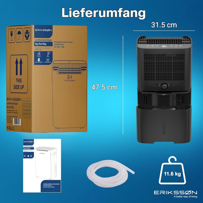 Електричний осушувач повітря з LED-дисплеєм, таймером та захистом від дітей | Здатний видалити 16л вологи на добу | Для приміщень до 70м² | Енергоефективний осушувач з датчиком вологості | Білий (20л - Чорний)