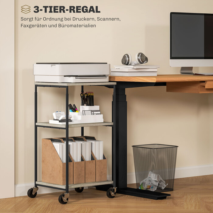 Підставка для принтера з 3 рівнями, регульована по висоті, мобільний стіл для принтера на колесах, для домашнього офісу, металева та дерев'яна