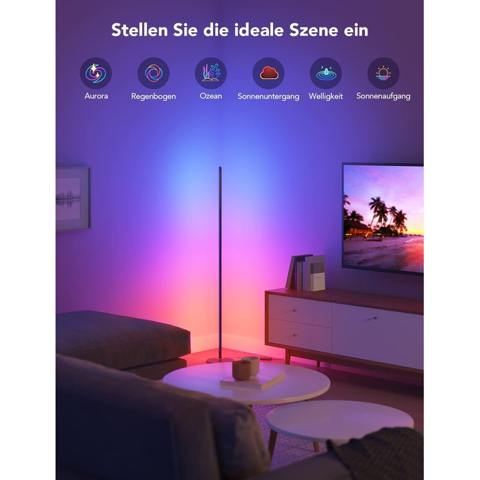 Govee RGBIC LED Торшер WiFi, Димування, Alexa/Matter, 16 млн кольорів, 85 режимів, Музичний режим, DIY, Чорний