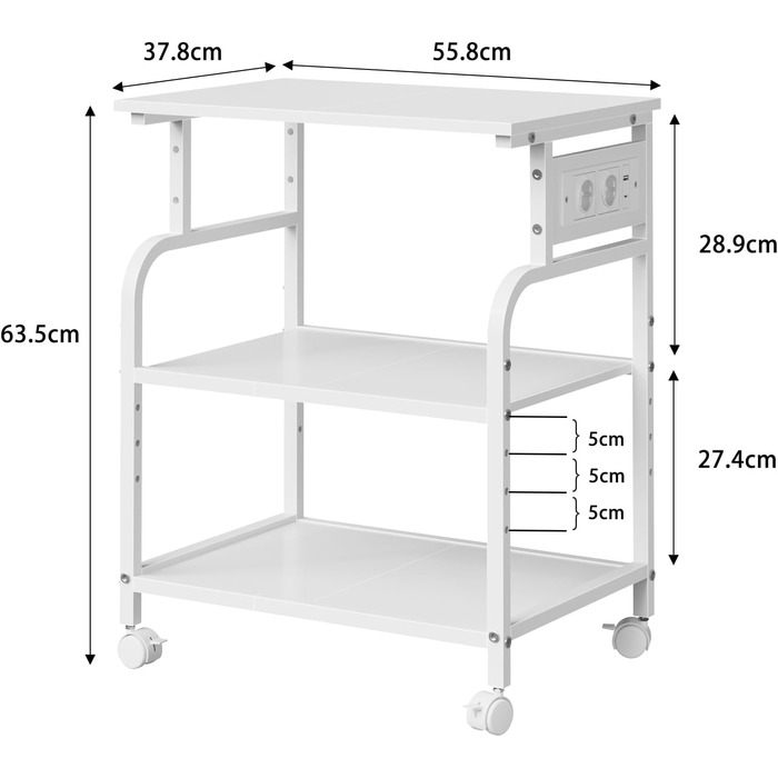 Тристопельний стіл для принтера з розеткою та USB-портами, регульовані полиці, роликовий стійка для дому/офісу, для 3D/лазерного друку, термопреса (білий, 60 см)