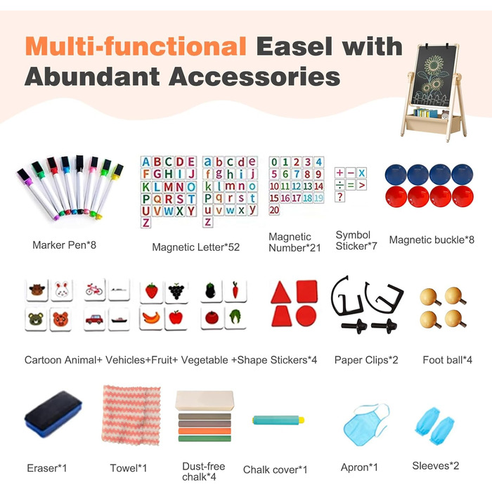 Дитяча мольберт Kinderstaffelei з двома сторонами, металева конструкція, регульована висота, обертається на 360°, дошка для малювання та письма з літерами та цифрами (жовтий)