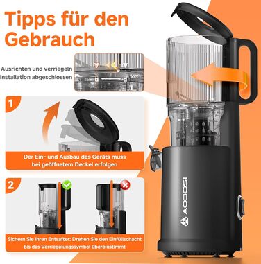 AOBOSI Повільнодіючий соковитискач з великою завантажувальною воронкою 135 мм, 200 Вт, холодний віджим, зворотний хід, потрійний фільтр, BPA-free, тихий, для свіжих соків з фруктів та овочів, чорний