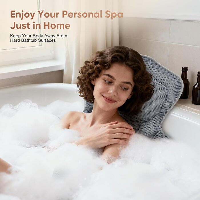 Подушка для ванни з підтримкою попереку, 144 присоски, 4D м'яка, з підголовником та додатковою подушкою, 133x41 см, сіра. З миючим мішком.