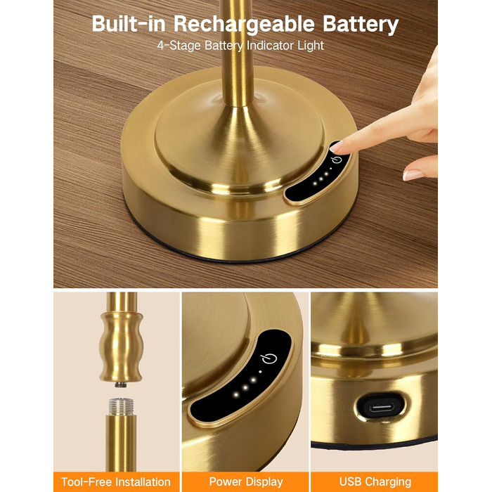 OUTON Настільна лампа бездротова, 2 шт. – диммування, 3 кольори світла, 4000mAh, USB-C, 60 год роботи, золота для спальні, вітальні, їдальні