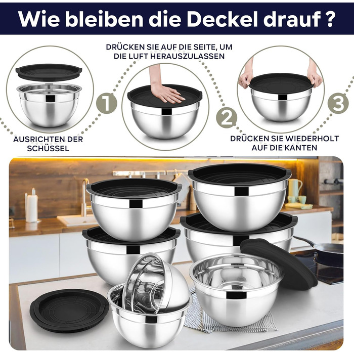 Набір місок HaWare 7 шт. з нержавіючої сталі з кришкою, 6.5-0.7L, чорний, для приготування їжі, миття в посудомийній машині