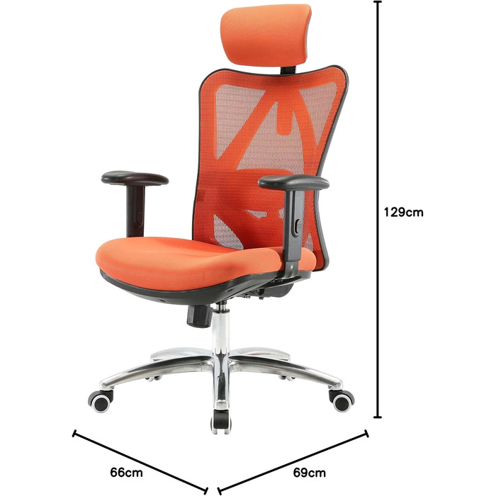 Офісний стіл Mendler HWC-J86, ергономічне крісло, регульована поперекова підтримка, 150 кг, оранжеве