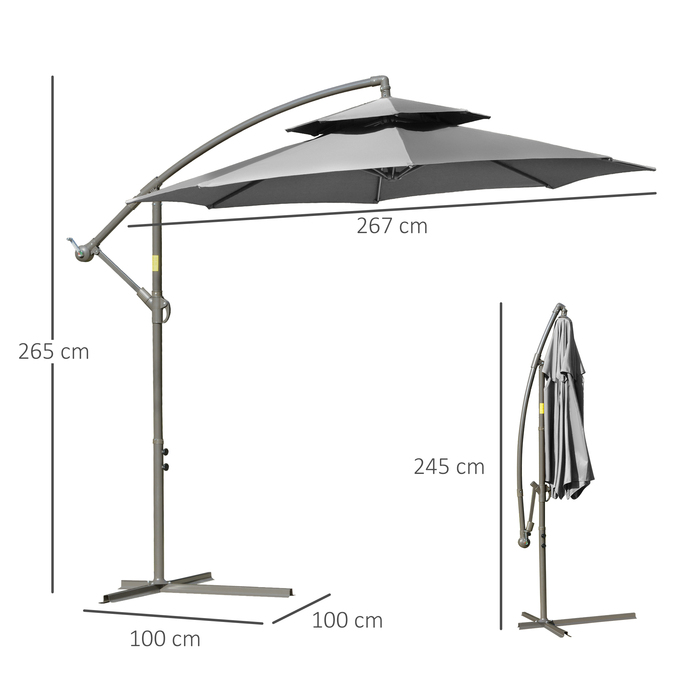 Outsunny Parasol Centilever Parasol Ø2.67 x 2.45 м Кривошипна парасолька з подвійним навісом Поперечна основа Сталь Сталевий Поліестер Сталь Світло-Сірий