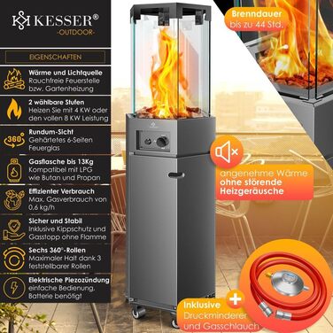 Газовий обігрівач KESSER® 4/8 кВт з П'єзозапалюванням, регулятором тиску газу та захисним кожухом. 360° обертання, захист від перекидання. Підходить для тераси, вулиці. Колір: антрацит.