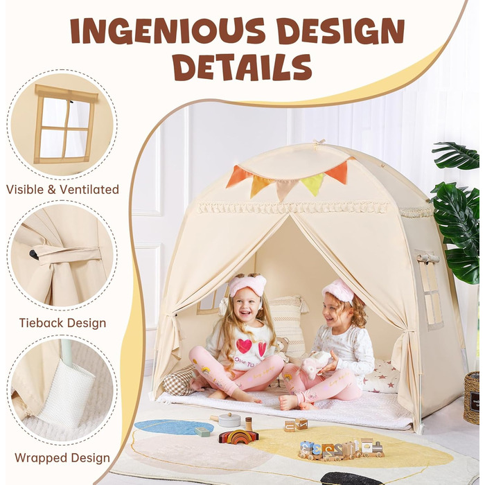 Дитячий намет-тіпі Сумбабебі: великий, з прапорами. Ідеально для гри в приміщенні. Підходить для хлопчиків та дівчаток. Дитячий ігровий будиночок, намет-тіпі для малюків, ігровий намет для дитячої кімнати. Чудовий подарунок!