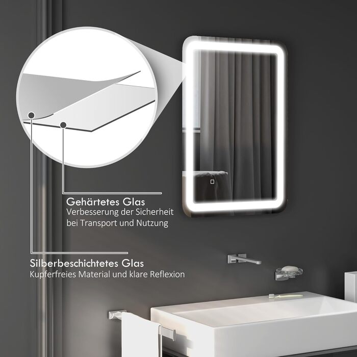 Дзеркало для ванної кімнати HOMCOM з підсвічуванням 50 x 70 см, LED, 3 кольори світла, сенсорне управління, функція пам'яті, антизапар, срібло