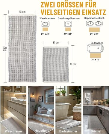 Набір килимків для ванної кімнати, антиковзні килимки, килимок для ванної кімнати (2 шт), стиль бохо, для ванної, спальні, вітальні, прання, душ, декор, 51 x 120 см + 41 x 61 см, коричнево-білий (сіро-білий)