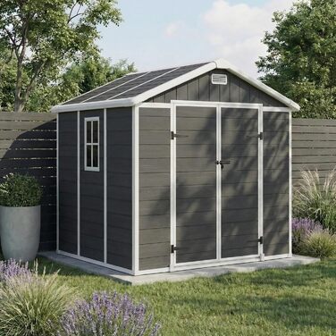 Сарай для інструментів STEELSØN Novara 192x92x151 см, пластиковий, з вікном, під дерево, темно-сірий - садовий будиночок, вологостійкий