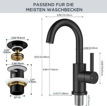 Змішувач для ванної кімнати/кухні FORIOUS Hoch 360° з нержавіючої сталі, з можливістю повороту 175 мм, матовий чорний, з підключенням до гарячої та холодної води, для встановлення на мийку, преміум-якість