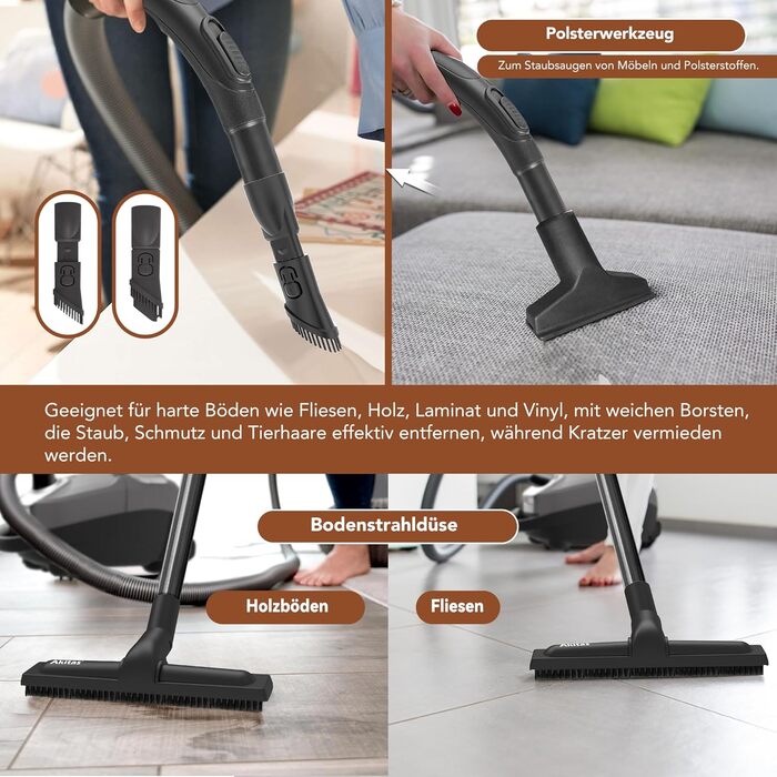 Пылесос Akitas C11 900W с мешком – сетевой шнур 7 м, радиус действия 10 м, тихая работа 70 дБ, с дополнительной насадкой для пола, регулируемая мощность всасывания, большой объем, для твердых полов и ковров