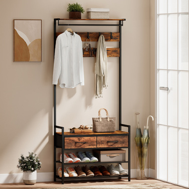 Вішалка для одягу з гачками, лавка для взуття, індустріальний органайзер для передпокою, сталевий каркас, рустикально-коричневий