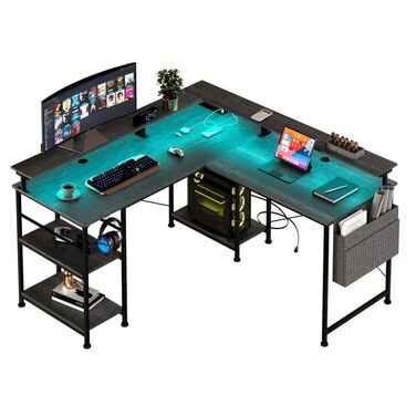 Ігровий кутовий стіл L-подібний з LED-підсвічуванням та розетками, 140x140 см, реверсивний комп'ютерний стіл з підставкою для монітора, 4 полиці та бокові кишені для дому та офісу (Чорний, 140x140x85 см)