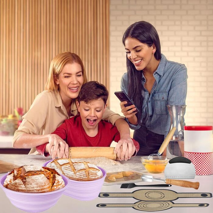 Набір для закваски Sauerteig: 650 мл скляний ферментер, силіконові корзини для випічки (круглі та овальні), 30-ти елементний набір для випічки хліба, легко мити та зберігати. Подарунок для початківців та досвідчених пекарів (8 шт. синій набір для фермента