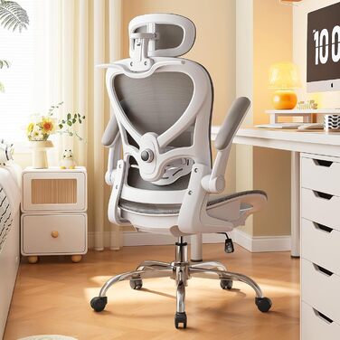 Офісне крісло LarkLeaves з ергономічною спинкою, регульованими підлокітниками, підставкою для попереку та підголівником. Максимальне навантаження 140 кг, сірий колір.