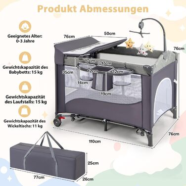 Детское путешествие: дорожное детское ложе DREAMADE 5-в-1 с матрасом, колесами, пеленальной доской и музыкальной шкатулкой, 110x76 см, с сумкой для переноски, для новорожденных и малышей (Зеленый)
