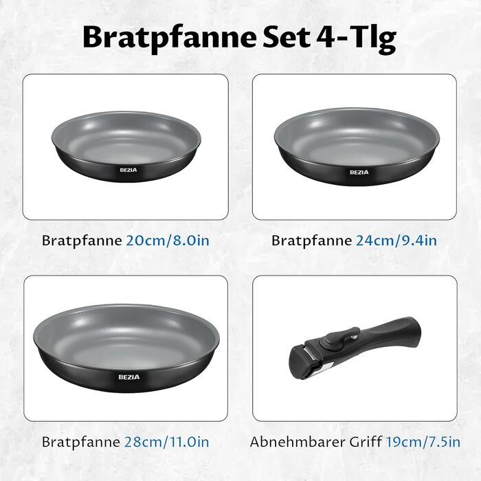 Набір сковорідок BEZIA з знімними ручками, антипригарне покриття, індукційні, 20+24+28 см, стакельне, придатні для миття в посудомийній машині та духовці