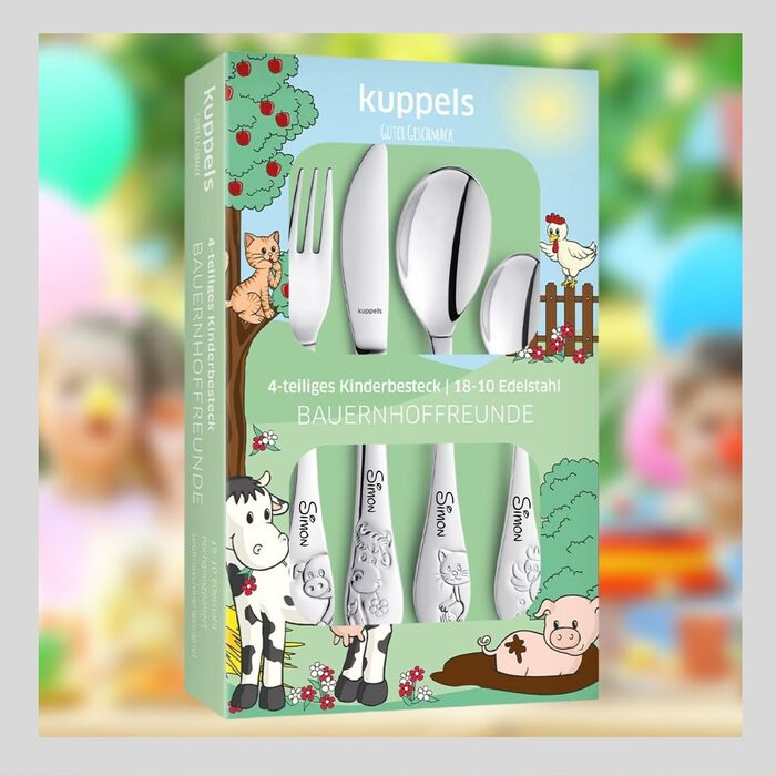 Персоналізований дитячий набір посуду Kinderbesteck Bauernhoffreunde з гравіюванням імені - 4 шт.