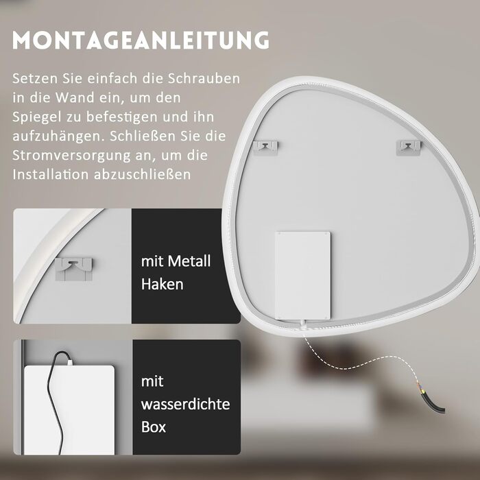 Дзеркало для ванної кімнати Badspiegel 70x50см з підсвічуванням 3 кольори, сенсорний вимикач, прямокутне, для ванної/вітальні, енергоклас A++