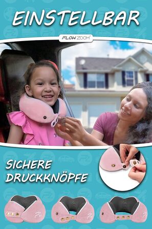 Подушка для шиї FLOWZOOM Comfy - для подорожей (літак, авто) - Memory Foam, регульована, 360° підтримка, дихаючий чохол, чорний (4.2. Comfy Kids S - Рожевий)