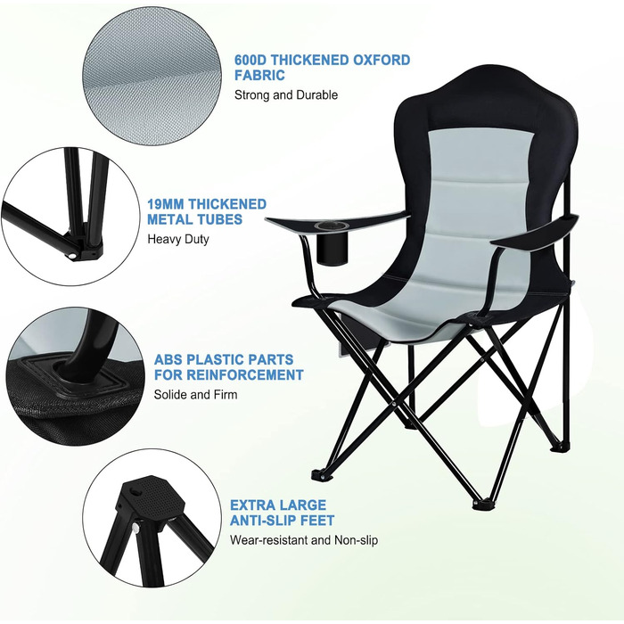 Кемпінгове крісло WOLTU Складний набір з 2 шт. , легке розкладне крісло, рибальське крісло, садове крісло, розкладне режисерське крісло, для кемпінгу на відкритому повітрі, пляжу, патіо, гриля, риболовлі, пікніка, чорний світло-сірий, CPS8153SZHG-2