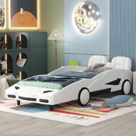 Дитяче автомобільне ліжко Merax Дитяче ліжко Модель автомобіля Ліжка, односпальне ліжко з рейковим каркасом і місцем для зберігання, ігрове ліжко для маленьких гонщиків хлопчиків і дівчаток, PU поверхня, до 250 кг, білий (90 x 200 см, білий-1)