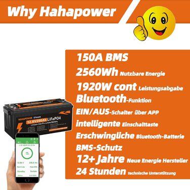 Акумулятор Hahapower 12.8V 200Ah LiFePO4 з Bluetooth, Smart BMS, 15000 циклів, 150 А, для автофургонів і сонячної системи